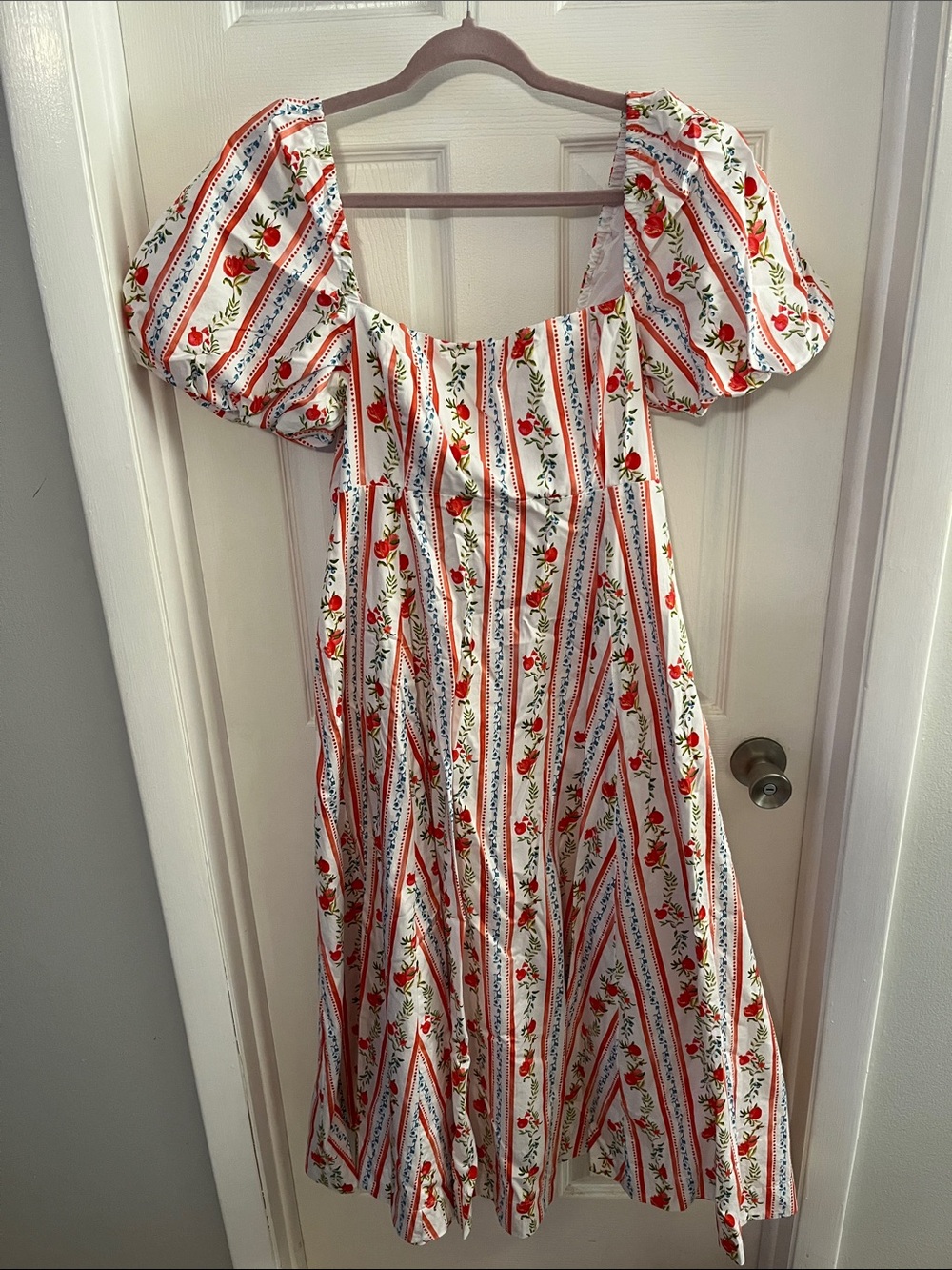 Hill House White Midi Dress with Red Floral Stripe and Puff Sleeves